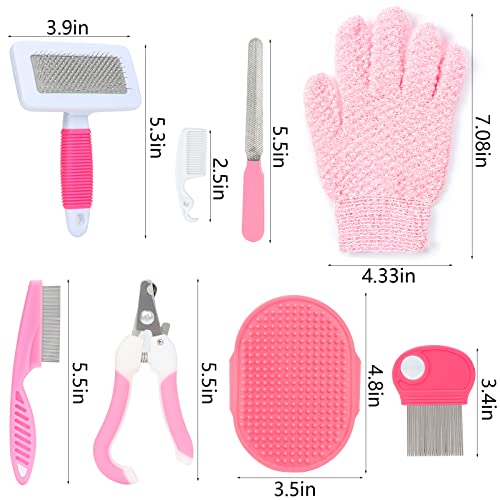 VCZONE Pink Small Animal Grooming Kit with Nail Clipper, Flea Comb, Shampoo Brush, Slicker Brush, Massage Glove for Rabbits - color: Pink