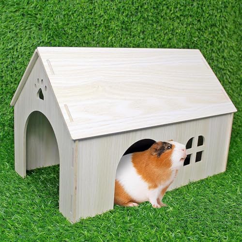 15x9x10in Wooden Guinea Pig Hideout Habitats with Windows & Doors | Large Size, Perfect for Guinea Pigs Rabbits Chinchillas Hamster and Other Small Animals