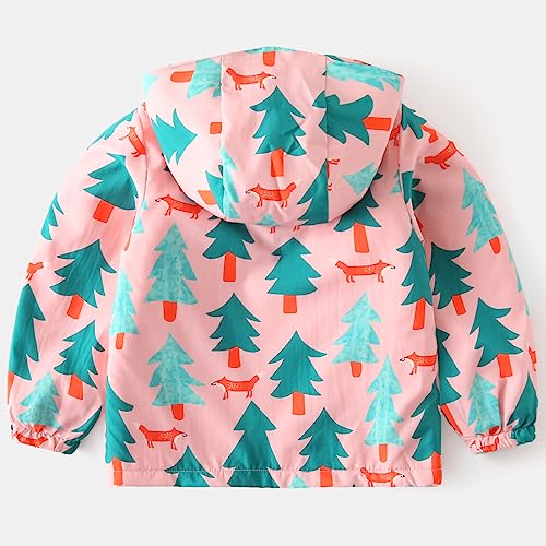 Happy Cherry Toddler Boy Girl Fleece Lined Jackets Waterproof Hooded Windbreaker Coat for Winter Fall 2023 - color: Thick Pink Fox Tree, size: 3-4T