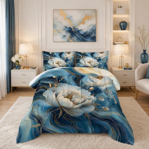 HOSIMA Floral Queen Bedding Sets for Women Girls Room Decor,Blue Golden Marble Grain Ink Fluid Art Comforter Floral Bedding,Fluffy White Flowers Pattern Lightweight Comforter with 2 Pillowcases. - color: Blue-a, size: Queen