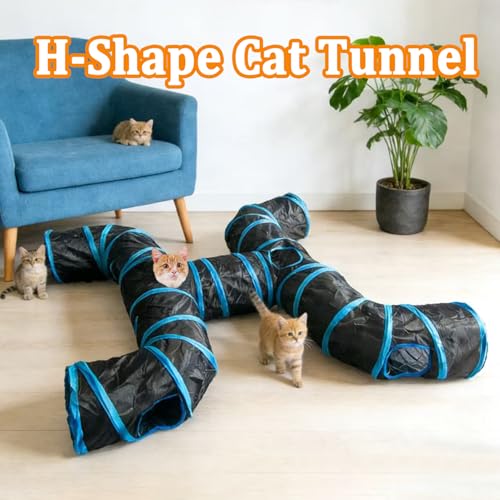 4-Way Large Cat Tunnel, H Shape Cat Tube Toy with Interactive Playing Balls, Peek Hole for Indoor Cats, Kitten, Kitty, Puppy, Rabbit (Black) - color: Black
