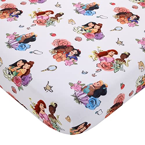 Disney Princesses Courage and Kindness Ariel, Tiana, Moana, Jasmine, Cinderella, Mulan, Belle, and Snow White 2 Piece Toddler Sheet Set - Fitted Bottom Sheet and Reversible Pillowcase - color: Princesses Courage and Kindness Pink
