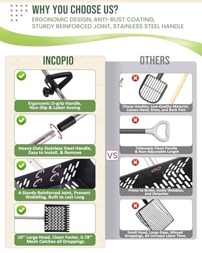 2-in-1 Chicken Poop Scooper & Rake - 10” Metal Chicken Poop Sifter Shovel with Fine Mesh, Pooper Scooper for Sand - Adjustable 39–67” Stainless Steel Handle, Animal Waste & Coop Cleaning Tool