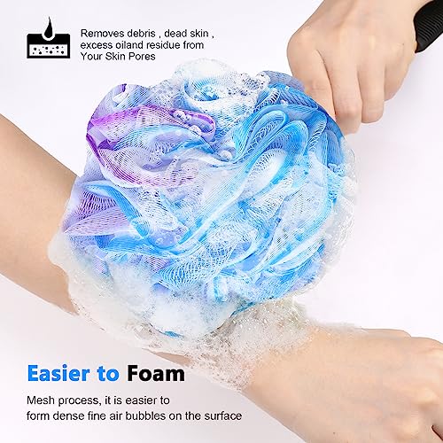 FORENEE Blue, Purple and White Loofah on a Stick, PE Mesh Back Scrubber | Soft PE mesh for rich lather and gentle cleansing; water-resistant coated wood handle, non-slip rubber grip and hanging loop - style: Purple Blue White