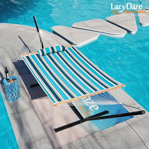 Lazy Daze 12 FT Sunbrella Quilted Hammock, Non-Fading Double Hammock | 2 Person Hammock with Pillow, Straps, Carabiners , All Weather Fade Resistant for Outside, Token Surfside - color: Token Surfside