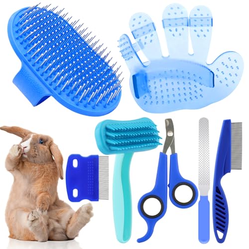 Rabbit Grooming Kit, Rabbit Brush for Shedding with Bunny Nail Clipper, Rabbit Nail Trimmers with Pet Combs for Hamster Guinea Pig Ferret by KALAMANDA - color: Blue
