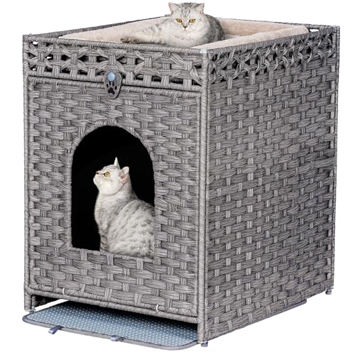Snughome Cat Litter Box Enclosure Furniture Hidden with Cat Litter Mat, Hidden Cat Washroom Furniture with Door, Handwoven Rattan Cat Washroom Box, Indoor Pet House for Living Room, Bedroom(Grey) - color: Grey