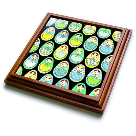 3dRose Cute Russian Matryoshka Nesting Dolls Print-Cool Colors Black Trivet with Ceramic Tile, 8 by 8", Brown