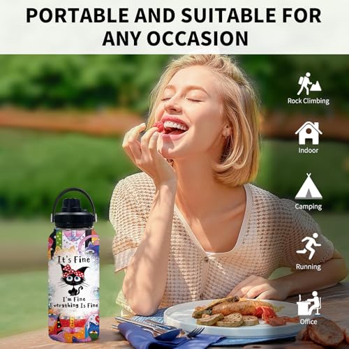 Cat 32oz Water Bottle, with Handle & Lid Bottle, Insulated Cup | 32oz Stainless Steel Tumbler, Leak-proof Reusable Mug, Christmas Birthday Gift for Funny Black Cat Lovers - color: Color Cat