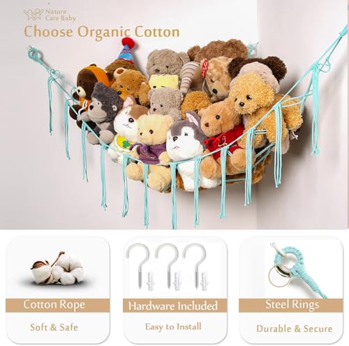 YKBU Stuffed Animals Hammock Corner Hanging Net for Macrame Stuffed Animal Storage Plush Toy Holder Toy Organizer for Boho Nursery Playroom Bedroom Kids Room Decor (light blue, Large)