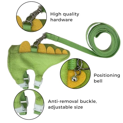 Harness and Leash Set for Small Pets, Dinosaur Shaped Vest Harness, Adjustable Soft Plush Vest with Bell for Guinea Pigs, Ferrets, Hamsters, Hedgehogs - Safe Outdoor Walking Adventure Gear,Green