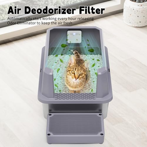 RIZZARI Stainless Steel Litter Box: Leakproof 2-Pack High Walls for Cats | 6.5" Anti-Spill Walls / Dual Filtering Holes / 304 Non-Absorbent Base / Teflon Easy-Clean / Built-In Deodorizer - color: Cool Gray with Deodorizer, 2 Pack
