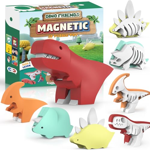 Magnetic Animal Building Toys, STEM Toddler Learning Toys 3D Puzzle Animals for Boys Girls, Educational Magnetic Travel Montessori Toy Lion Elephant, Unique Birthday Gift (Dinosaur Animals, Count, 4) - style: Dinosaur Animals