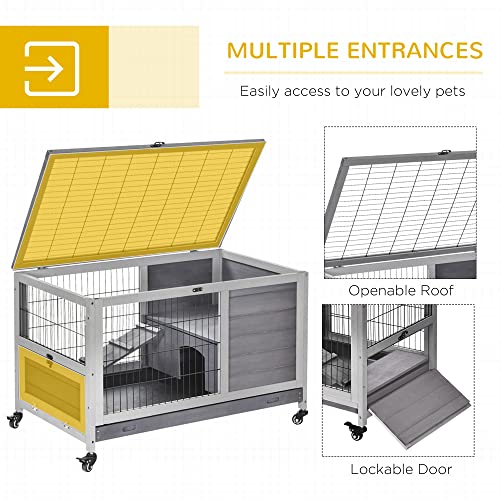 PawHut Wooden Rabbit Hutch Indoor Outdoor, Elevated Bunny Cage with No Leak Tray Enclosed Run with Wheels, Ideal for Guinea Pigs and Small Animals, Gray | No Leak Tray Enclosed Run with Wheels, for Rabbits, Chickens, Ducks, Guinea Pigs and Small Animals -