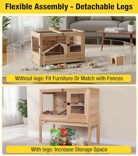 Aivituvin Guinea Pig Cages, Rabbit Hutch with Anti-Chew Frame, Bunny Cage with Deepened Pull-Out Tray, 3 Openable Areas, Assemblable Legs, Ramp & Hideout Included - Wooden