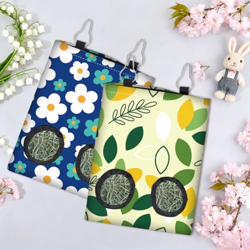 2Pcs 2 Styles Rabbit Hay Bag Feeder for Guinea Pigs Chinchillas 11.6 x 9.1 Inch Hanging Hay Holder with 2 Holes Flowers Leaves Cloth Washable Small Animal Feeding Storage Cage Accessories - color: Flower