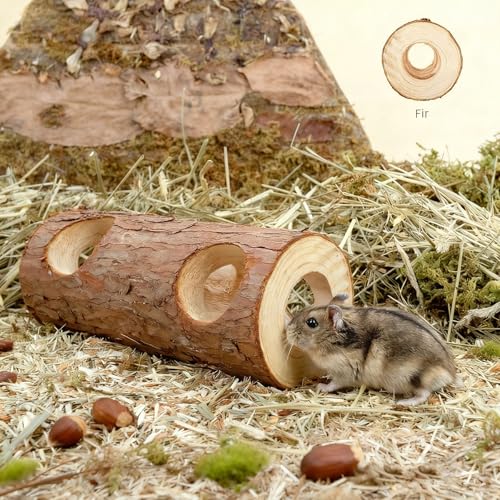 Natural Wooden Hamster Mouse Tunnel Tube Toy Forest Hollow Tree Trunk for Gerbils，Hamsters, and Mice or Other Small-Sized Pets (Double Hole)