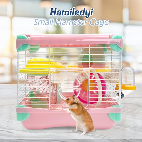 Hamiledyi Portable Hamster Cage 2 Layers Dwarf Hamster Habitat Small Animal Travel Cage with Exercise Wheel Hamster Enclosure Mouse Cage for Hamsters Mice Gerbils or Other Tiny Pets - color: Pink