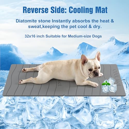 Double-Side 2 in 1 Stone Pet Food Mat & Cooling Mat (31"*16") | Instant dry water absorbing Diatomite Stone Dog Bowls Drying Mat & Heat dissipating Pet Cooling Mat. Bite-Proof & Non-slip. - color: DARK GREY, size: 31"*16"