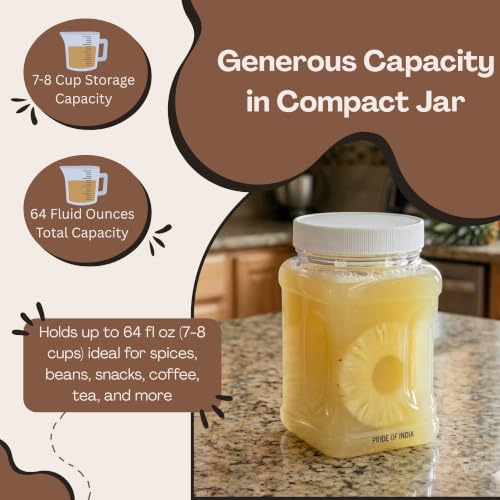 Clear Food Grade PET Plastic Square Grip Storage Jar w/Cap | 64 Fluid Ounces 7-8 Cup Storage Capacity | BPA Free USA Made | by Pride Of India - size: X-Large Square Grip Jar & Cap