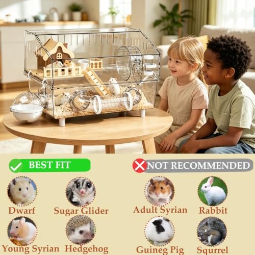 All in 1 Hamster Cage with Tunnel and 7 Accessories,Clear Acrylic Small Animal Habitat for Drawf Hamster,Gerbil,Hedgehog(17.7"*11.8"*13.4")