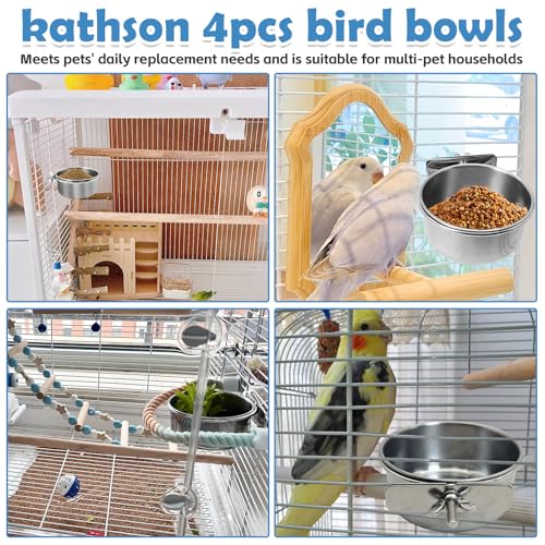 kathson 4 Pack Stainless Steel Bird Bowls, Parrot Feeding Dish Cups with Clamp Holder Bird Feeders Water Cage Bowl for Parakeet Cockatiels Conure Budgies Lovebird Finch and Small Animals