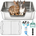 Rypet Large Stainless Steel Rabbit Litter Box Set for Small Animals | High Sides & Low Entry, 304 Stainless Steel Sifting Tray, Bowl and Bottle Included, Non-Slip, Easy to Clean, Odor Control - size: XL(23.6"×15.7"× 5.9")