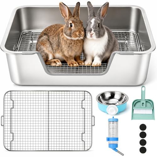 Rypet Large Stainless Steel Rabbit Litter Box Set for Small Animals | High Sides & Low Entry, 304 Stainless Steel Sifting Tray, Bowl and Bottle Included, Non-Slip, Easy to Clean, Odor Control - size: XL(23.6"×15.7"× 5.9")