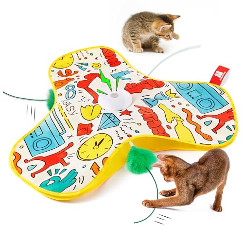 Potaroma Interactive Cat Feather Toys, Hide and Seek Moving Feather Wand | Rechargeable Touch Activated Indoor Kitten Exercise Kicker, Mouse Squeaky, Graffiti Cover - color: Graffiti Cover