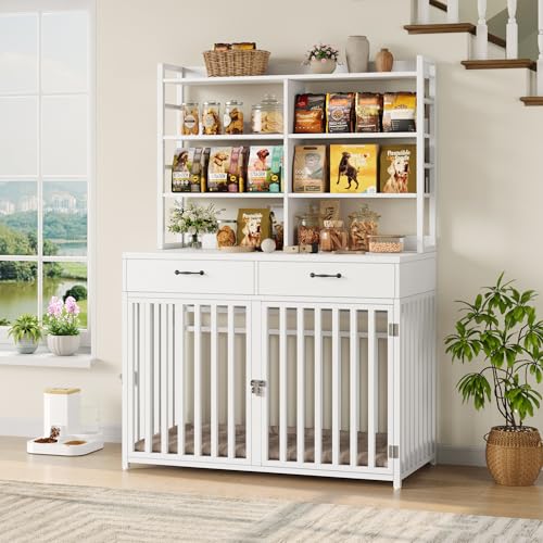 Keyluv 71''H x 47.2''W Large Dog Crate Furniture with 4-Tier Shelves and 2 Storage Drawers, Heavy Duty Dog Cage Furniture with 2 Doors, Wood & Metal Dog Kennel Indoor for Small/Medium/Large Dog, White - color: White