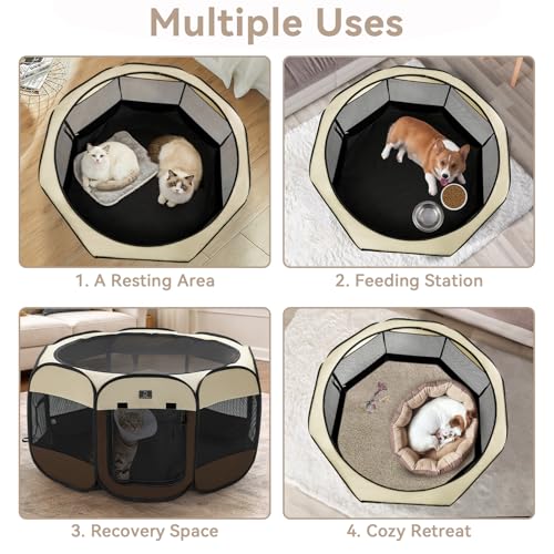 A 4 Pet 40.55-in Dog Playpen, Small Dogs & Puppies, Brown+Beige | Includes bowl, waterproof floor, pop-up design, home/travel/outdoor use - color: Brown+Beige, size: M(40.55"x40.55"x20.5")