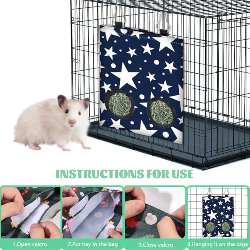 2Pcs 2 Styles Hay Feeder Bag for Bunny Guinea Pigs Chinchillas 11.6 x 9.1 Inch Small Animal Hay Bags with 2 Holes Blue Star Daisy Cloth Washable Hanging Pet Feeding Storage Cage Accessories - color: Star