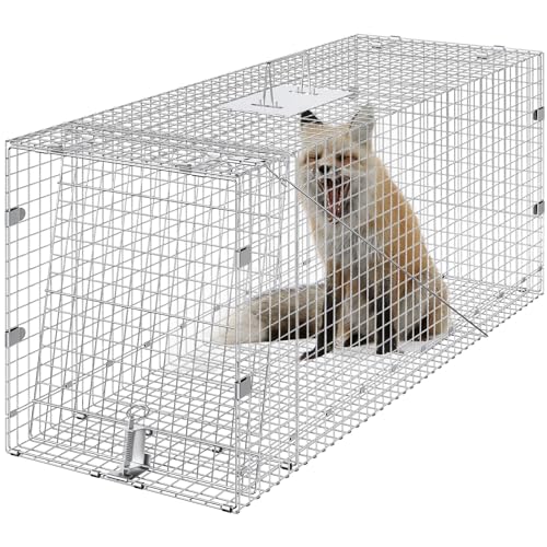 VEVOR Live Animal Cage Trap, 42" x 16" x 18" Humane Cat Trap Galvanized Iron, Folding Animal Trap Cage with Handle for Stray Dogs, Armadillos, Raccoons, Foxes - size: 42" x 16" x 18"