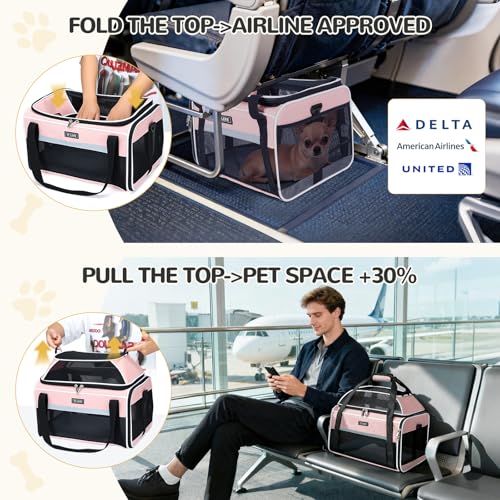 Lekereise Top-Expandable Pet Carrier 18x11x11Inch Delta American United Airline Approved Soft Sided Underseat to 15lbs Travel Carriers for Small Dogs Cats with Locking Safety Zippers Anti-Scratch Mesh - color: Pink