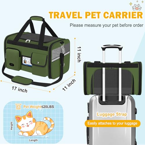 HUANLANG Large Cat Carrier Soft Sided Travel Pet Carrier Airline Approved | Dog Carriers for Small Dogs Medium Cats,Collapsible,3 Storage,zipper lock,Reflective strips,Luggage Strap, Up to 15 Lbs - color: Army Green