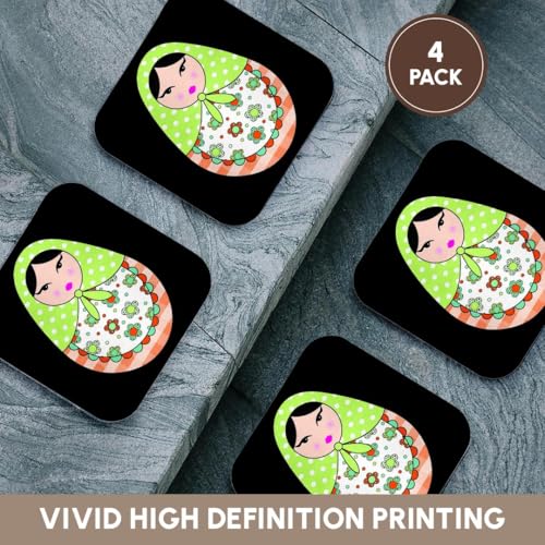 3dRose cst_58636_1 Cute Russian Matryoshka Nesting Doll Black Hair-Warm Colors Black-Soft Coasters, Set of 4