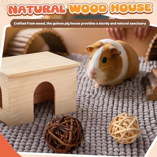 9 Pcs Wood House Guinea Pigs Hut Hideout with Rolling Chew Toys for Small Animals Accessories, Toys, and Supplies Guinea Pig Liner Washable Cage Liner Guineapig Habitat Cage Accessories
