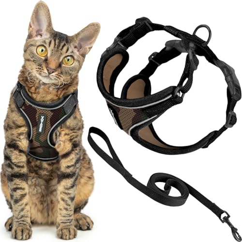 Voyager Escape-Proof Step-in Lock Cat Harness & 5ft Neoprene-Handle Leash Set All-Weather Mesh with Reflective Stitching for Small to Large Cats by Best Pet Supplies, Army (327), S - color: Army (327), size: S (Chest: 15 - 18")