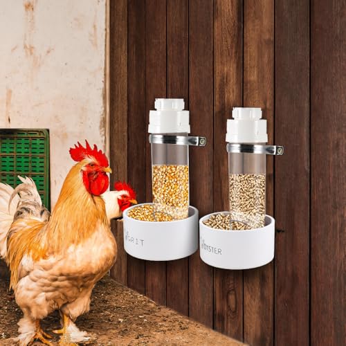 Kalekey 2 Pack Transparent PVC Chicken Feeder, Oyster Shell and Grit Feeder Hanging Ground Chicken Coop Feeder with Hanging Hook for Hens & Chicks (White) - color: White