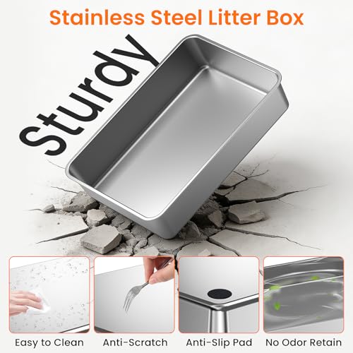 XXXXL Stainless Steel Litter Box with Lid,28.0" L × 20" W × 17" H Extra Large High Sided Cat Litter Box for Multi -Cats,Enclosed Metal Litter Box with Cat Scratcher and Scoop,Dark Gray