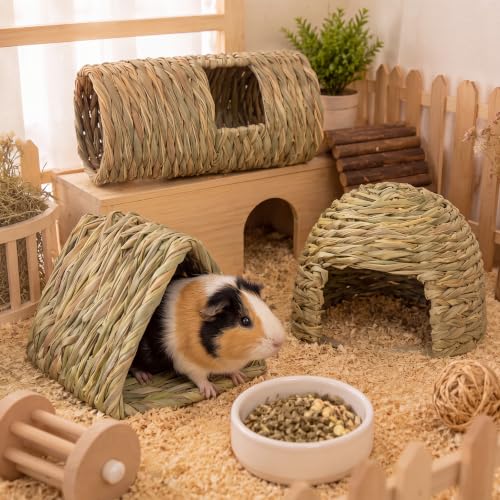 3 Pcs Guinea Pig Natural Grass Tunnel Set - Bunny Hideout House & Explore Tube, Winter Warm Small Animal Hideaway Toys for Syrian Hamsters Rats Chinchillas