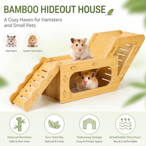 Hamster Hideout,Hamster Platform, Bamboo Hamster Hideout with Double Ramps and Climbing Ladders, Wooden Hamster House, Small Animal Cage Accessories for Dwarf Hamsters, Syrian Hamsters, Gerbils, Mice