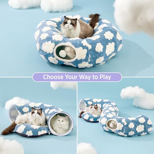 Lesure Donut Cute Jacquard Cat Tunnel Bed Kitten Toys for Puppy Bunny | 33.5x33.5x10in,Round Cat Bed Tube for Indoor Cats Rabbit Dog,Pet Peekaboo Cave Toy,Spiral Hideaway,Washable Cushion,Blue - color: Cozy Clouds Blue, size: Standard (33.5"L x 33.5"W x 1