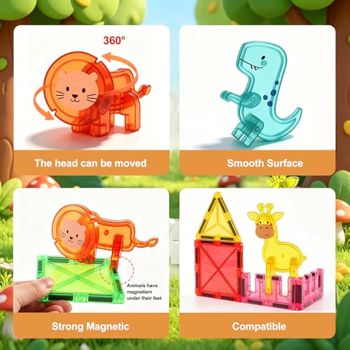 Magnetic Animal Figures for Magnetic Tiles, 3D Assemble Zoo Dinosaur Animal Toys, STEM Educational Sensory Play Set for Kids , Compatible with Magnetic Building Blocks, Ideal Gift for Boys Girls (9)