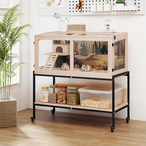 COZIWOW Hamster Cage Chewproof, 39"X18"X40" Movable Large Hamster Habitat | 4 Lockable Caster Wheels, Storage Shelf, Openable Top, Wooden Small Animals Cage for Guinea Pig, Hedgehog, Gerbil, Rat, Mouse - size: 39"L x 18"W x 40"H