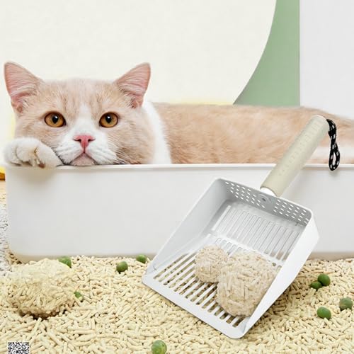 Cat Litter Scoop with Holder, Stainless Steel, Non-Slip Handle | Stainless steel litter scoop with holder captures clumps fast and includes a mini broom and dustpan for easy cleanup - color: White