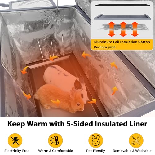 COZIWOW Heated Large Rabbit Hutch Insulated, Outdoor Indoor Bunny Cage with Heating Pad & Insulation Liner, 2-Level Wooden Small Animal House Pet Enclosure with All-Covered Sloped Roof, Grey