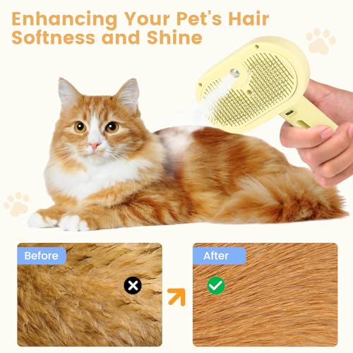 3 in 1 Cat Steam Brush, Pet Spray Hair Removal Comb for Shedding & Grooming, Water Brush for Cats Dogs Small Animals Long Short Haired with One-Click Release Button(Yellow) - color: Yellow