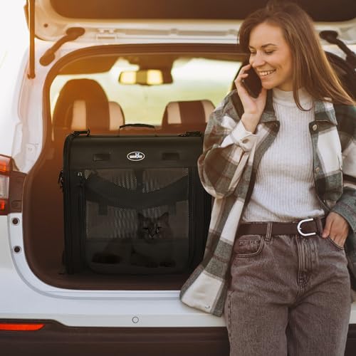 Wakytu 2-in-1 Pet Carrier for Cats & Dog, Travel Carrier for Camping | Extra-large fits 2 cats up to 25lbs each, includes 2 hammocks, carry bag, bowls & stakes. Car seatbelt pass-through