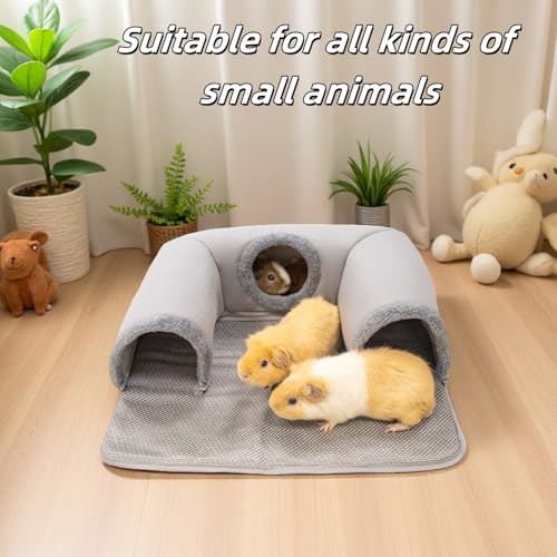 Guinea Pig Hideout Tunnel with Cool Bed for Bunny 3 Cave Small Animal Tunnel Toy Cages Rattan Mat - color: White